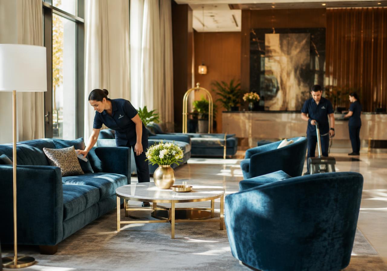 Équipe Dr Couch Clean dans le lobby d'un hôtel
